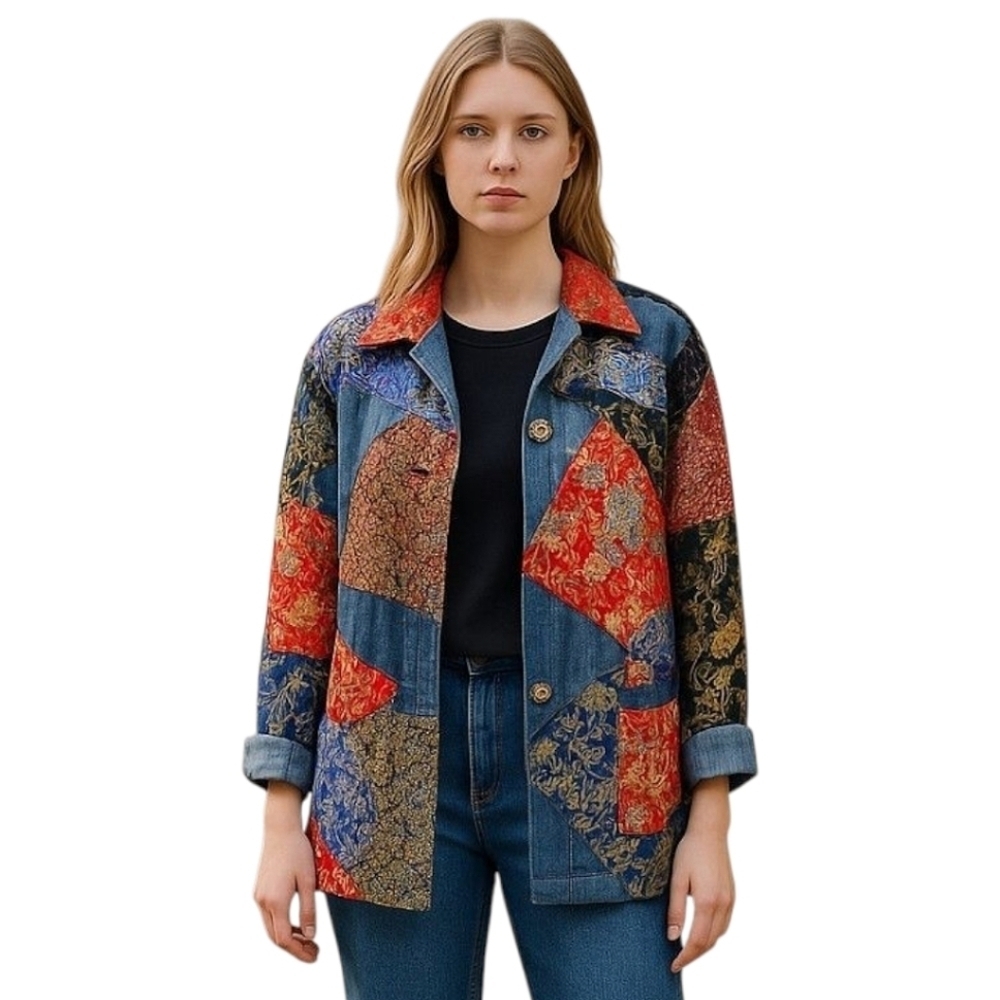 Chicos Patchwork Denim Jacket Womens Size Small Boho Jacquard Festival Vintage - Picture 1 of 16